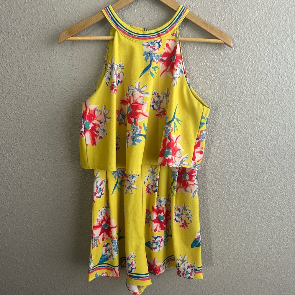Flying Tomato Yellow Floral Tropical High Neck Halter Sleeveless Romper‎
